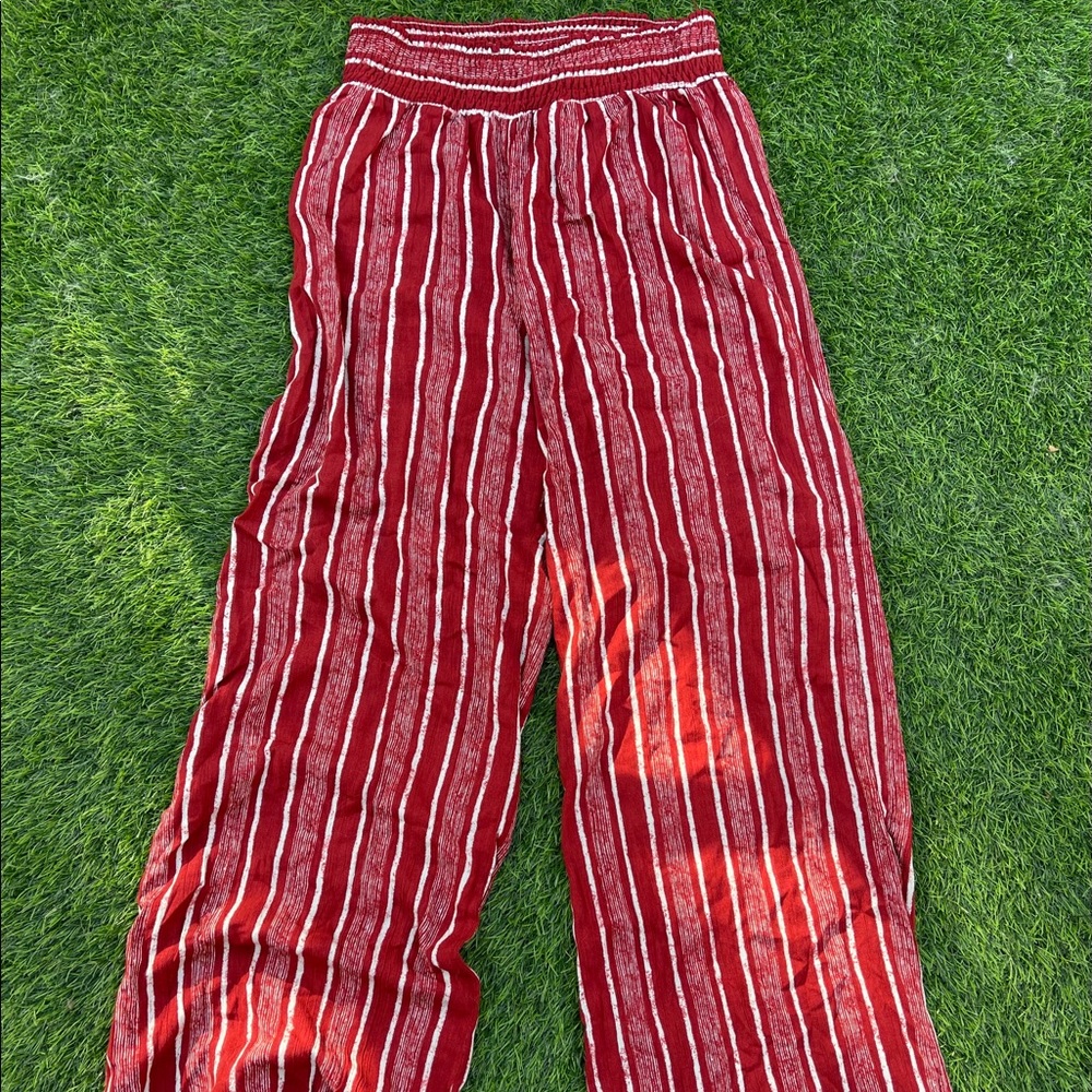 red and white stripe flare pants
